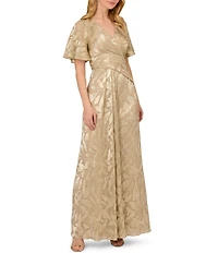 Adrianna Papell Foiled Leaf Print Surplice V-Neck Short Flutter Sleeve Gown