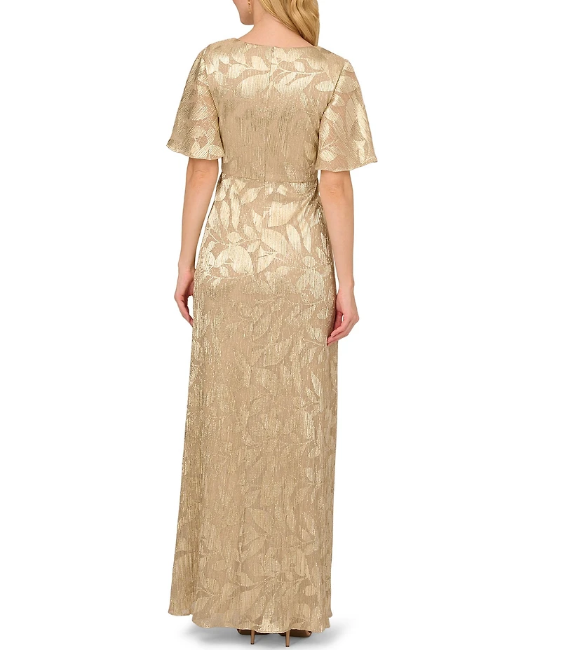 Adrianna Papell Foiled Leaf Print Surplice V-Neck Short Flutter Sleeve Gown
