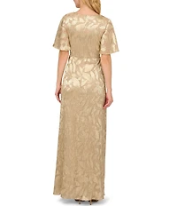 Adrianna Papell Foiled Leaf Print Surplice V-Neck Short Flutter Sleeve Gown