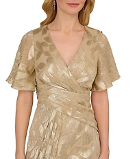 Adrianna Papell Foiled Leaf Print Surplice V-Neck Short Flutter Sleeve Gown