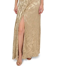 Adrianna Papell Foiled Leaf Print Surplice V-Neck Short Flutter Sleeve Gown