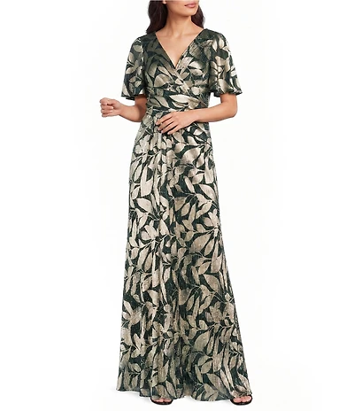 Adrianna Papell Foiled Leaf Print Surplice V-Neck Short Flutter Sleeve Gown