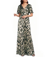 Adrianna Papell Foiled Leaf Print Surplice V-Neck Short Flutter Sleeve Gown