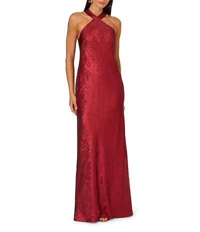 Adrianna Papell Foiled Woven Halter Neck Sleeveless Back Neck Tail Sheath Dress