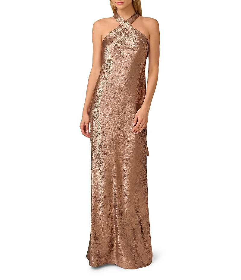 Adrianna Papell Foiled Woven Halter Neck Sleeveless Back Neck Tail Sheath Dress