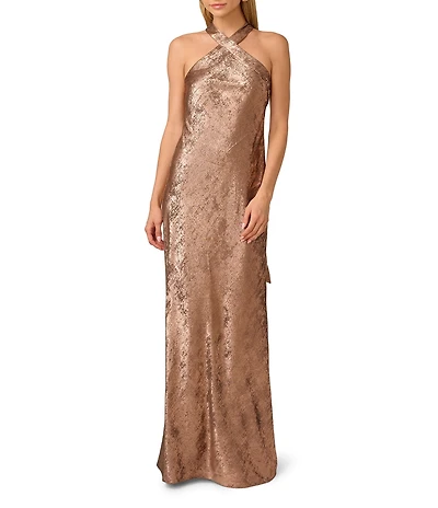 Adrianna Papell Foiled Woven Halter Neck Sleeveless Back Neck Tail Sheath Dress