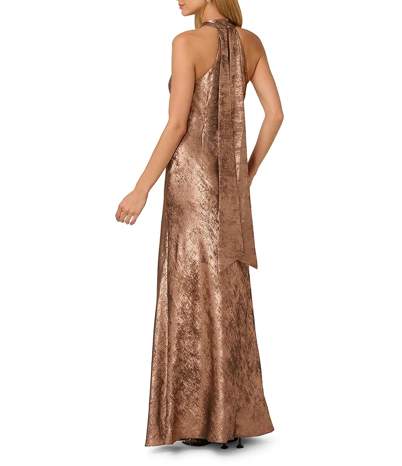 Adrianna Papell Foiled Woven Halter Neck Sleeveless Back Neck Tail Sheath Dress