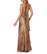 Adrianna Papell Foiled Woven Halter Neck Sleeveless Back Neck Tail Sheath Dress