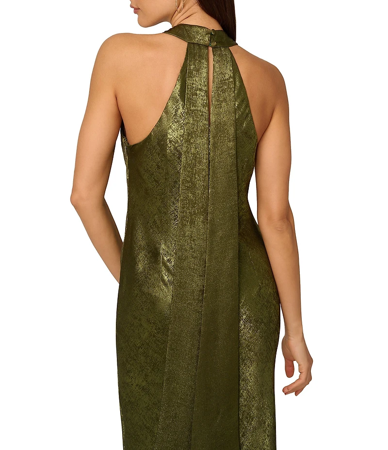 Adrianna Papell Foiled Woven Halter Neck Sleeveless Back Neck Tail Sheath Dress