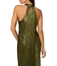 Adrianna Papell Foiled Woven Halter Neck Sleeveless Back Neck Tail Sheath Dress