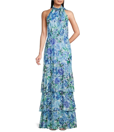 Adrianna Papell Glazed Chiffon Floral Print Halter Sleeveless Tiered Gown