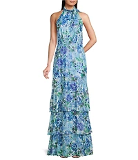 Adrianna Papell Glazed Chiffon Floral Print Halter Sleeveless Tiered Gown