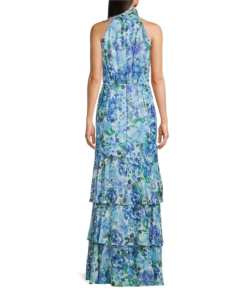 Adrianna Papell Glazed Chiffon Floral Print Halter Sleeveless Tiered Gown