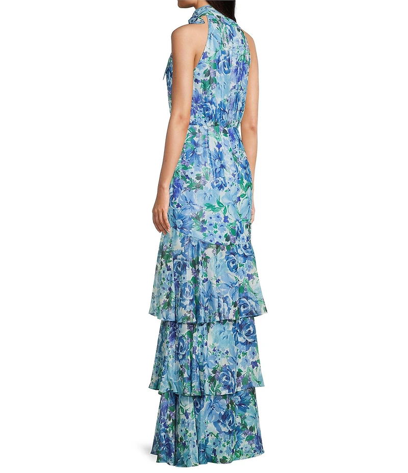 Adrianna Papell Glazed Chiffon Floral Print Halter Sleeveless Tiered Gown