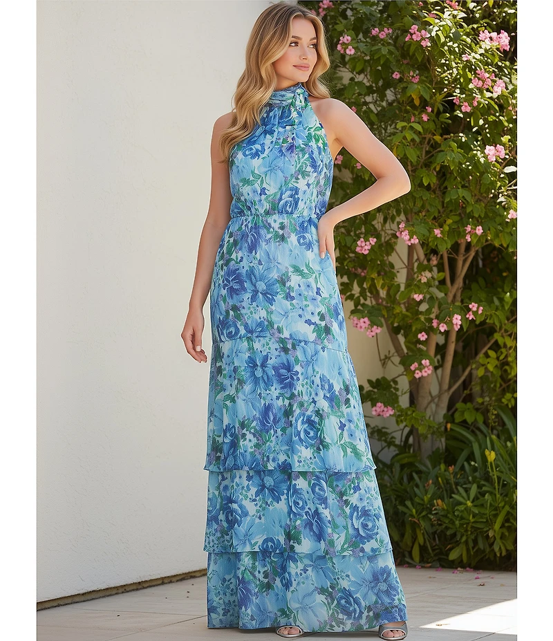 Adrianna Papell Glazed Chiffon Floral Print Halter Sleeveless Tiered Gown