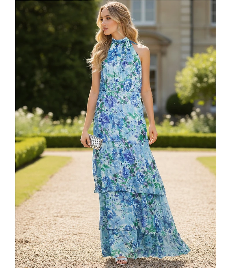 Adrianna Papell Glazed Chiffon Floral Print Halter Sleeveless Tiered Gown