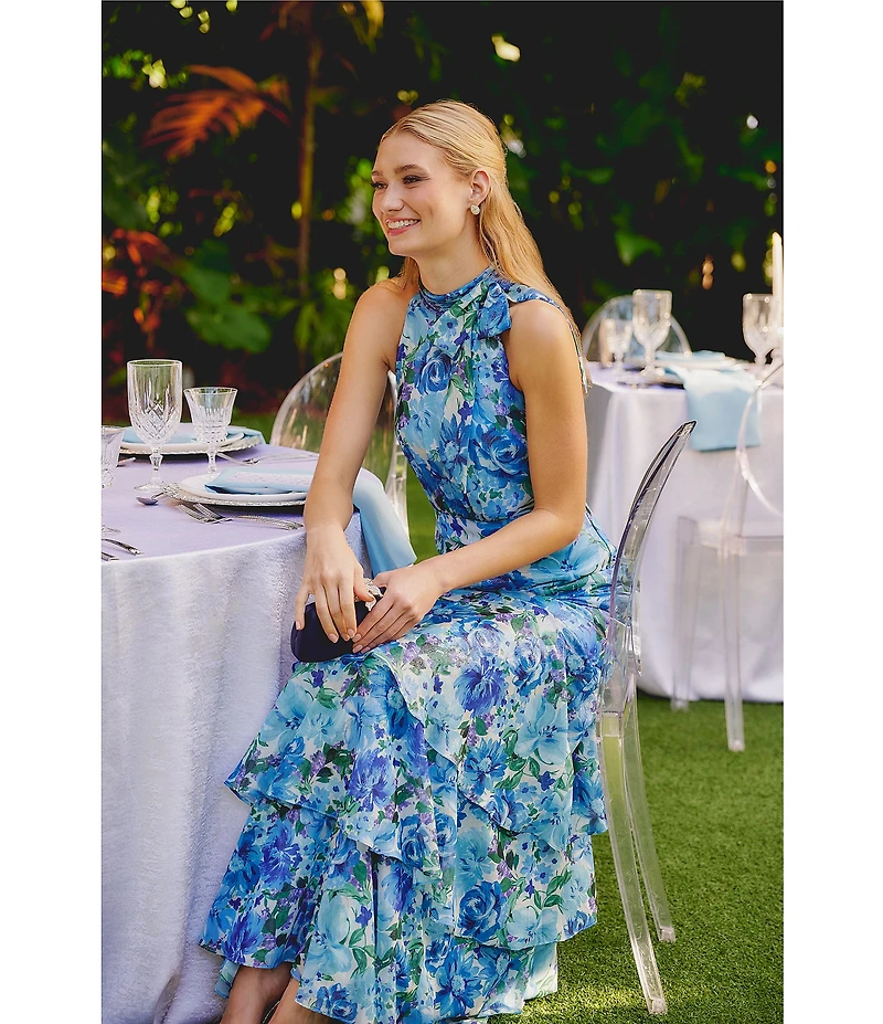 Adrianna Papell Glazed Chiffon Floral Print Halter Sleeveless Tiered Gown