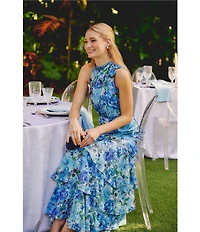 Adrianna Papell Glazed Chiffon Floral Print Halter Sleeveless Tiered Gown