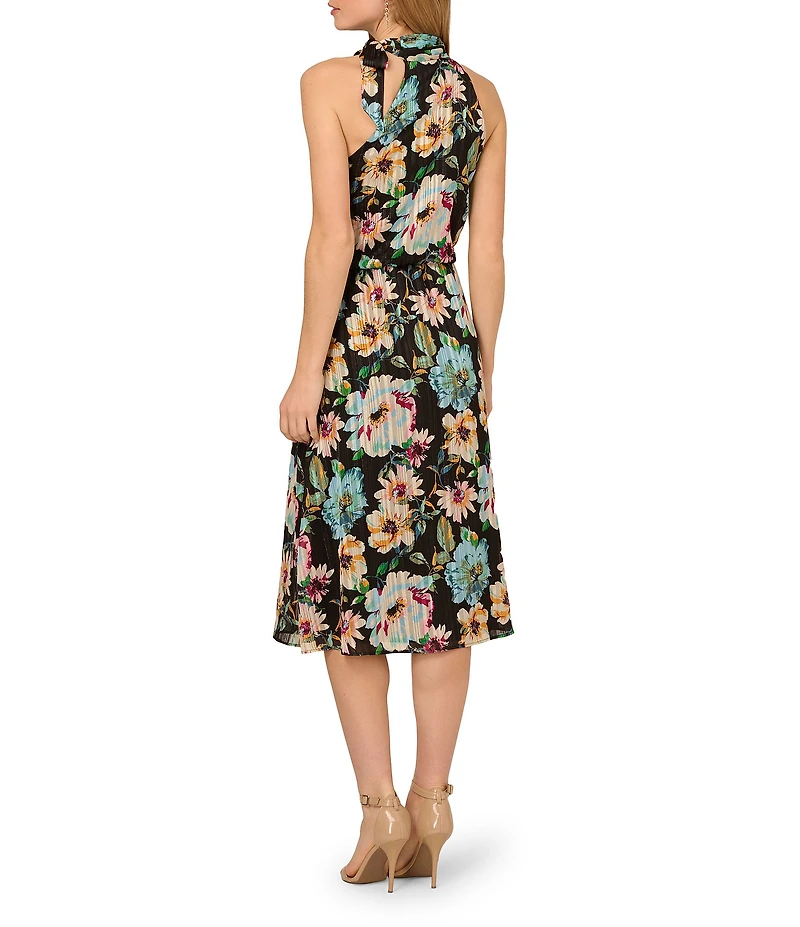 Adrianna Papell Halter Floral Print Chiffon Blouson Midi Dress