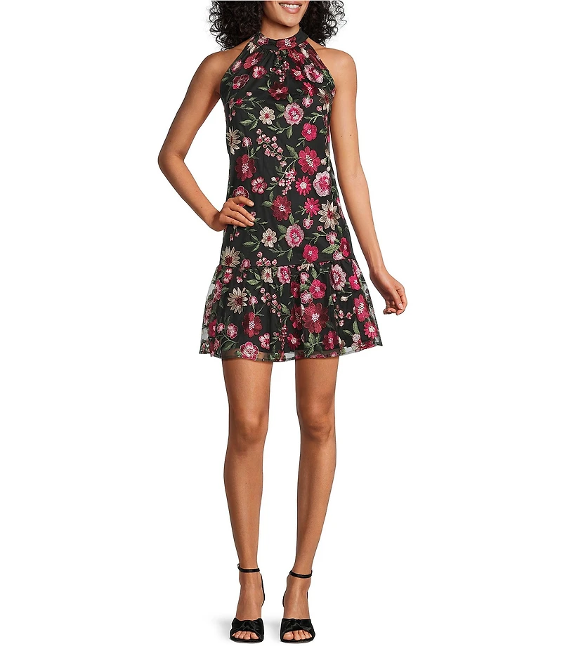 Adrianna Papell Halter Neck Floral Embroidered Shift Dress