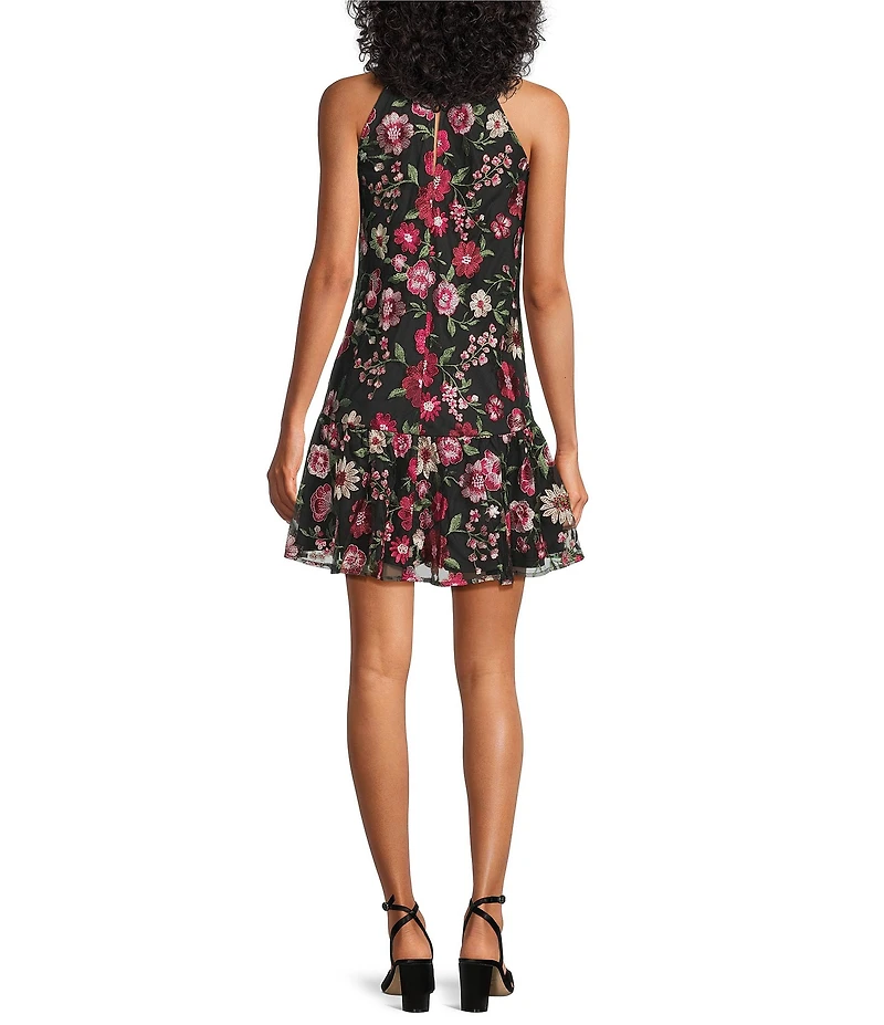 Adrianna Papell Halter Neck Floral Embroidered Shift Dress