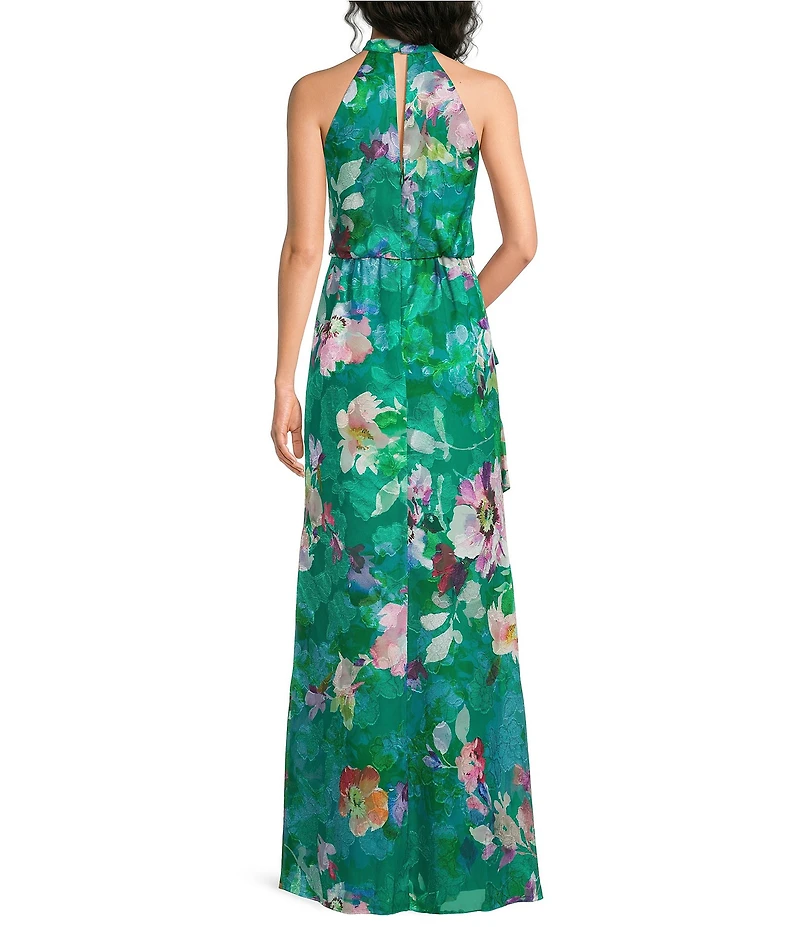 Adrianna Papell Halter Neck Keyhole Floral Print Chiffon Long Gown