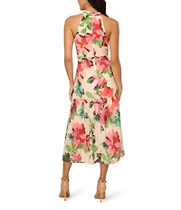 Adrianna Papell Halter Neck Sleeveless Drop Waist Floral Chiffon Midi Dress