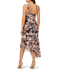 Adrianna Papell Halter Neck Sleeveless Floral Chiffon Asymmetrical Hem Midi Dress