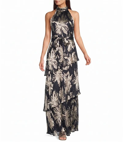Adrianna Papell Halter Neck Tiered Skirt Crinkle Metallic Chiffon Long Dress