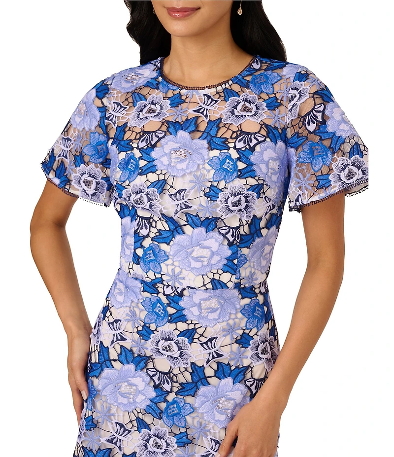 Adrianna Papell Illusion Crew Neck Flutter Sleeve Embroidered Lace Sheath Dress