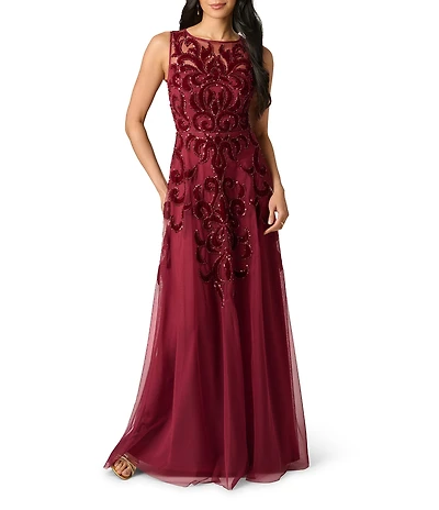 Adrianna Papell Illusion Neck Sleeveless Bead Mesh Long Dress