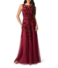 Adrianna Papell Illusion Neck Sleeveless Bead Mesh Long Dress