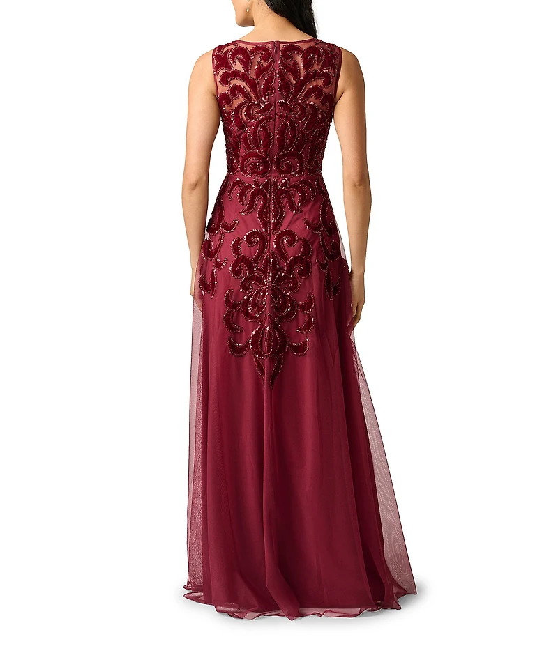 Adrianna Papell Illusion Neck Sleeveless Bead Mesh Long Dress