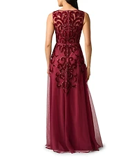 Adrianna Papell Illusion Neck Sleeveless Bead Mesh Long Dress