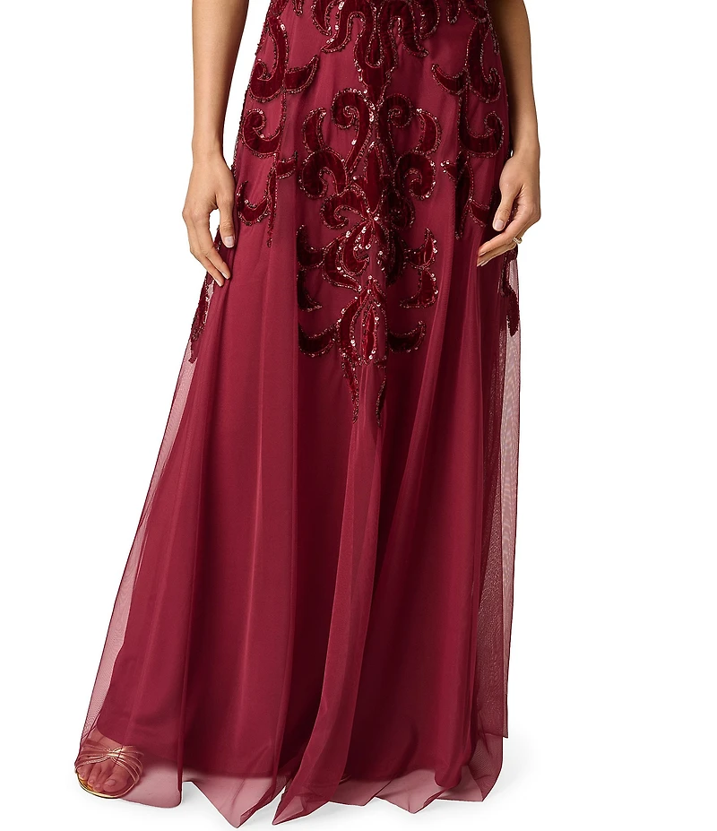 Adrianna Papell Illusion Neck Sleeveless Bead Mesh Long Dress