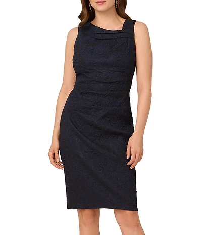 Adrianna Papell Jacquard Asymmetrical Neck Sleeveless Sheath Dress
