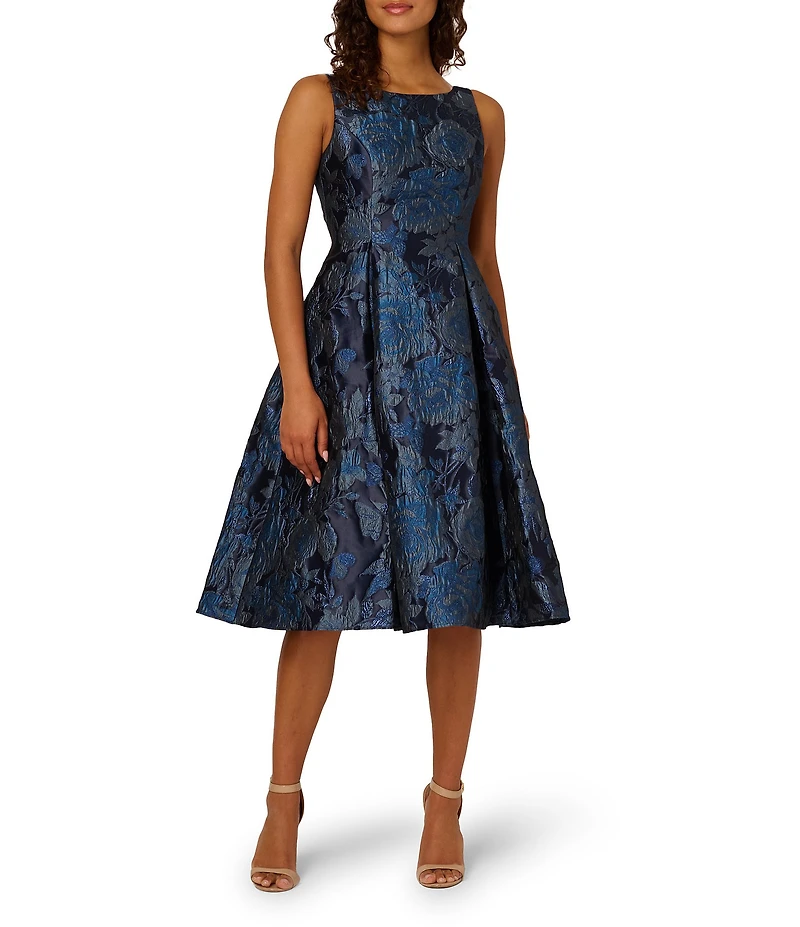Adrianna Papell Jacquard Floral Metallic Print Sleeveless Midi Dress