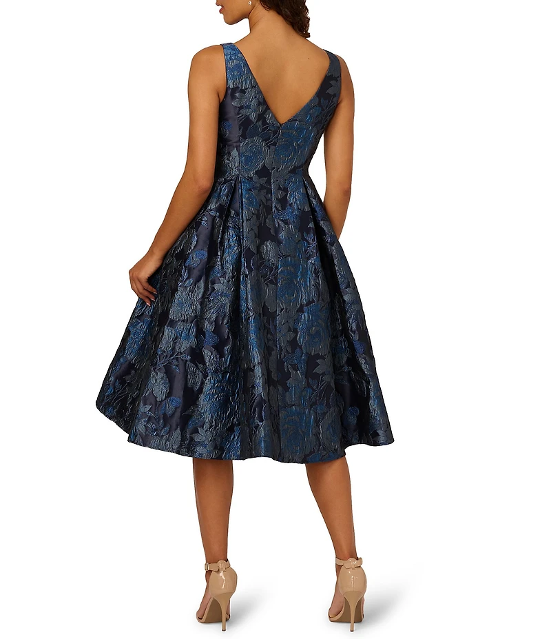 Adrianna Papell Jacquard Floral Metallic Print Sleeveless Midi Dress