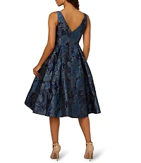 Adrianna Papell Jacquard Floral Metallic Print Sleeveless Midi Dress
