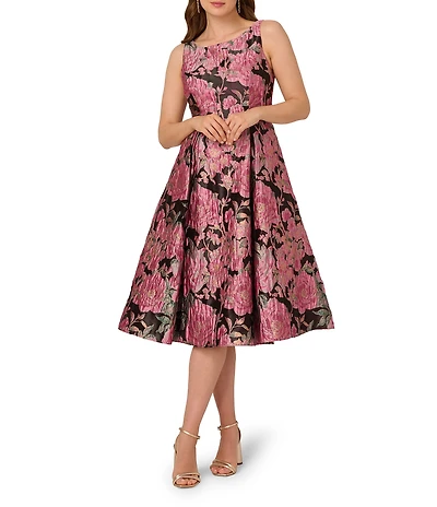Adrianna Papell Jacquard Floral Print Boat Neck Sleeveless Midi Dress