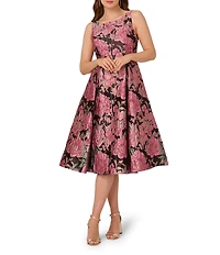 Adrianna Papell Jacquard Floral Print Boat Neck Sleeveless Midi Dress