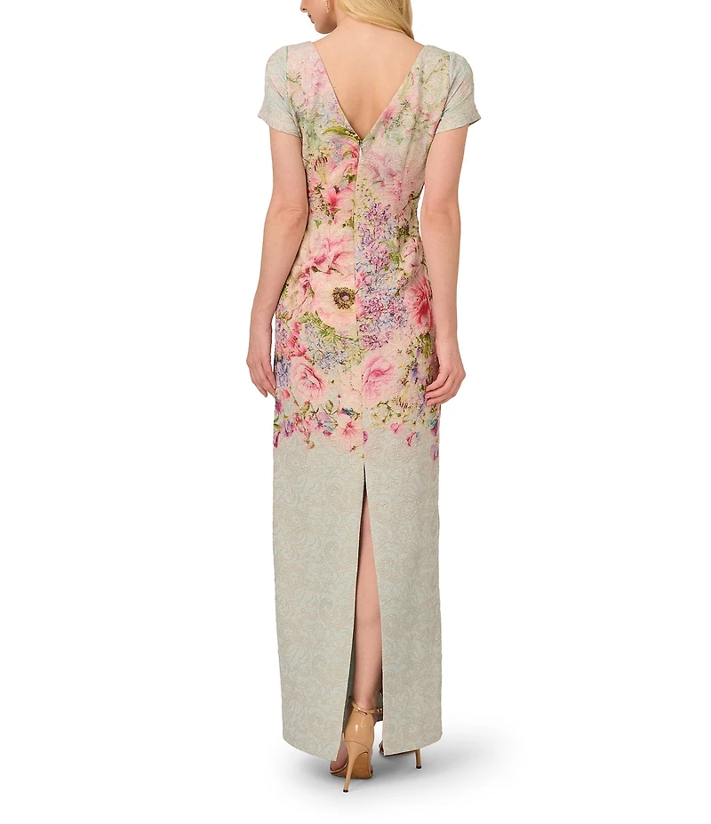 Adrianna Papell Jacquard Floral Print Crew Neck Short Sleeve Sheath Gown