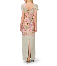 Adrianna Papell Jacquard Floral Print Crew Neck Short Sleeve Sheath Gown