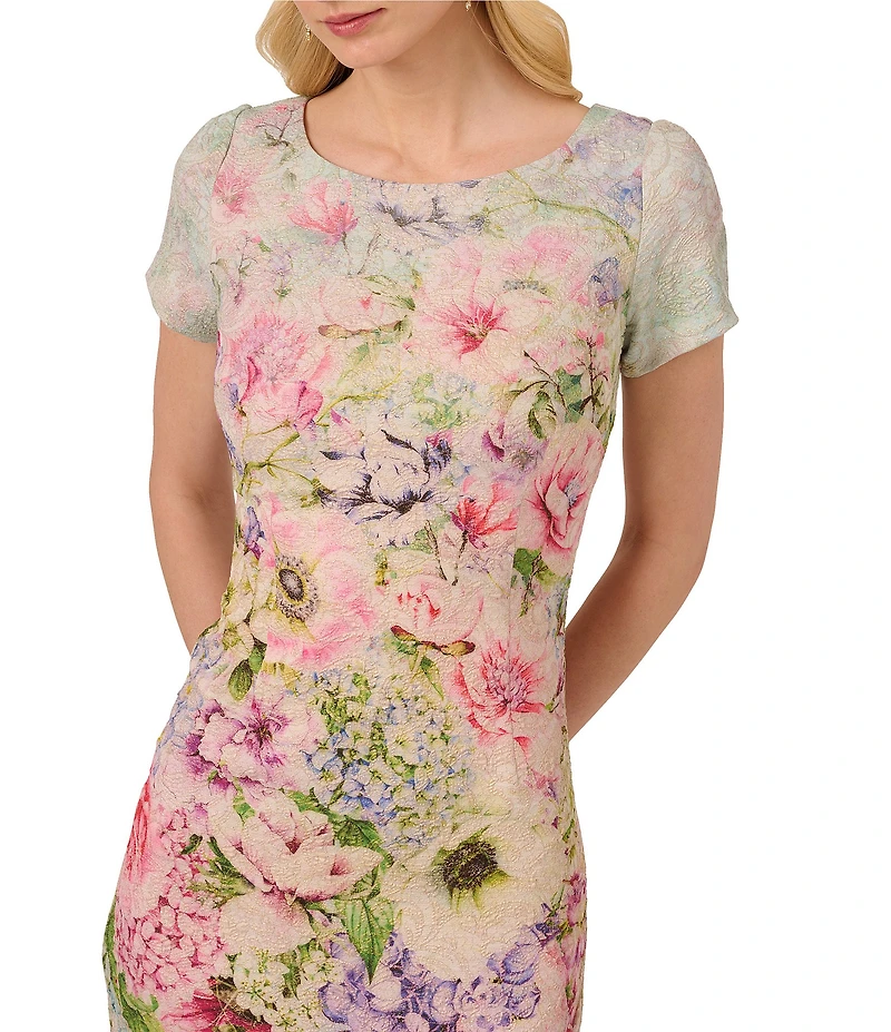 Adrianna Papell Jacquard Floral Print Crew Neck Short Sleeve Sheath Gown