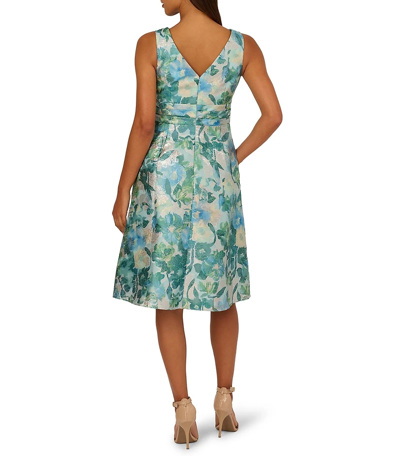 Adrianna Papell Jacquard Floral Print V Neck Sleeveless A Line Dress