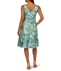 Adrianna Papell Jacquard Floral Print V Neck Sleeveless A Line Dress