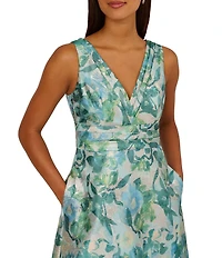 Adrianna Papell Jacquard Floral Print V Neck Sleeveless A Line Dress