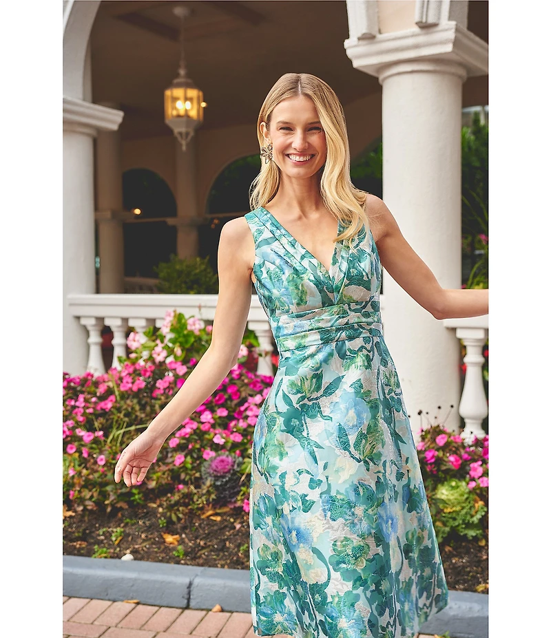 Adrianna Papell Jacquard Floral Print V Neck Sleeveless A Line Dress