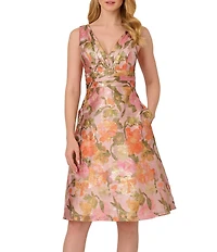 Adrianna Papell Jacquard Floral Print V Neck Sleeveless A Line Dress