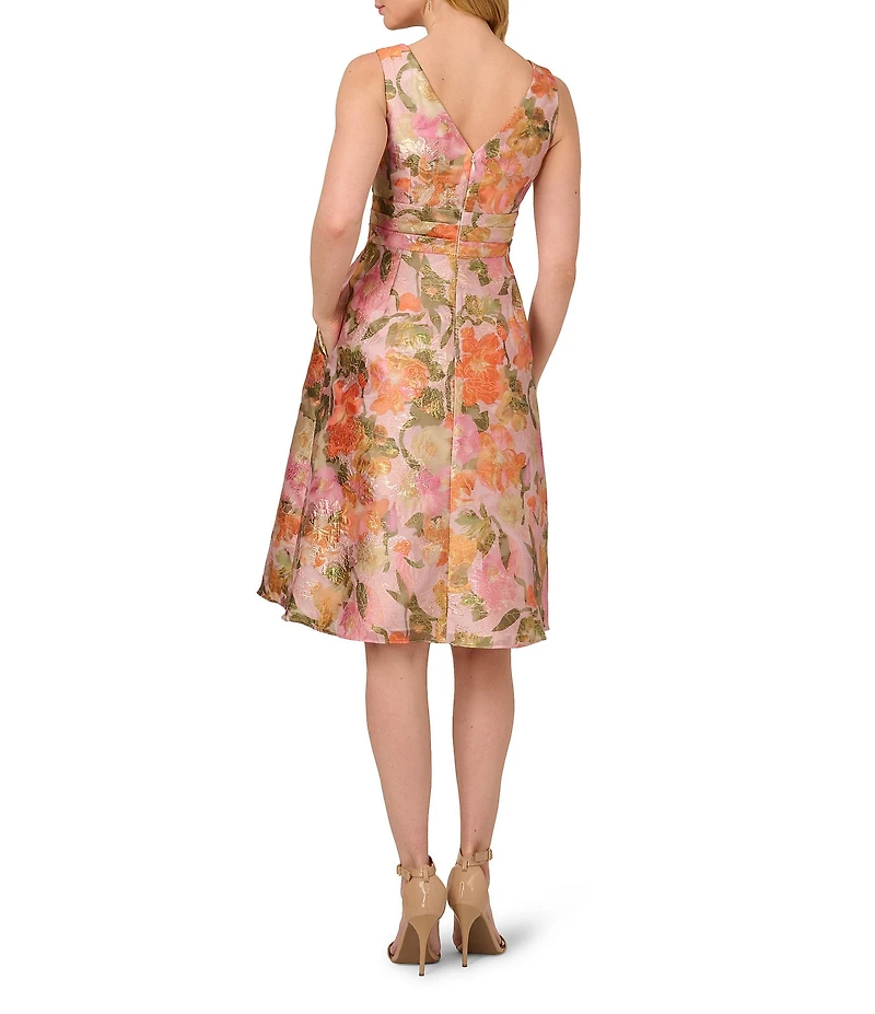 Adrianna Papell Jacquard Floral Print V Neck Sleeveless A Line Dress